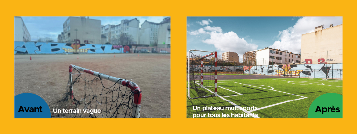 Avant : Un terrain vague / Après : Un plateau multisports pour tous les habitants